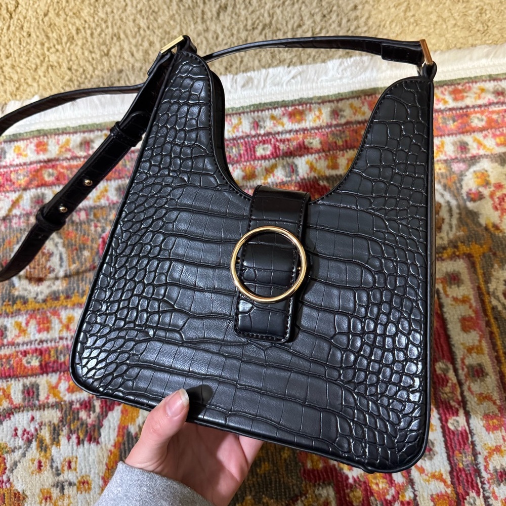 Madison West Black Faux Leather Snakeskin Crossbody Purse with Gold Hardware